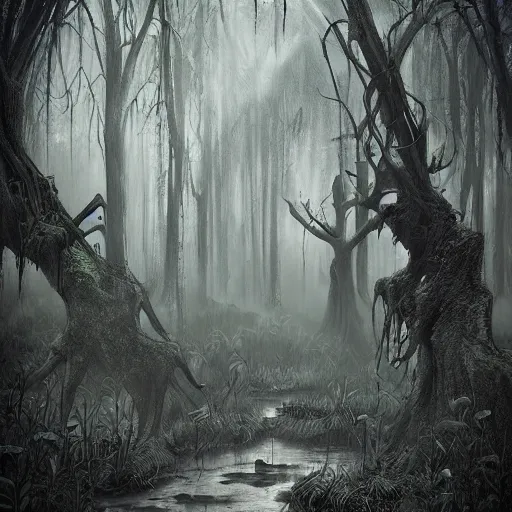 Image similar to mystical magic school in haunted swamp surrounded by dense forest with vines, creepy ambiance, desaturated, highly detailed, sharp focus, by artgerm, cgsociety