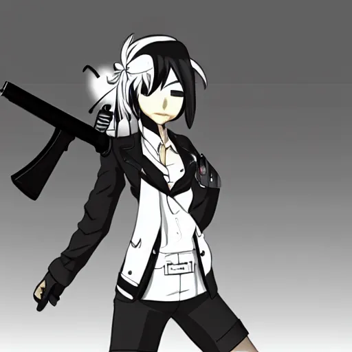 Prompt: mukuro ikusaba from danganronpa holding a gun, clean lines