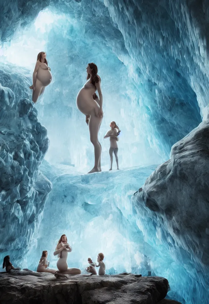 Prompt: epic pregnant woman making a speech to all her white tribe, proud people looking at the pregnant woman, ice cave, facinating, fantasy digital art, octane render, beautiful composition, trending on artstation, award - winning photograph, masterpiece