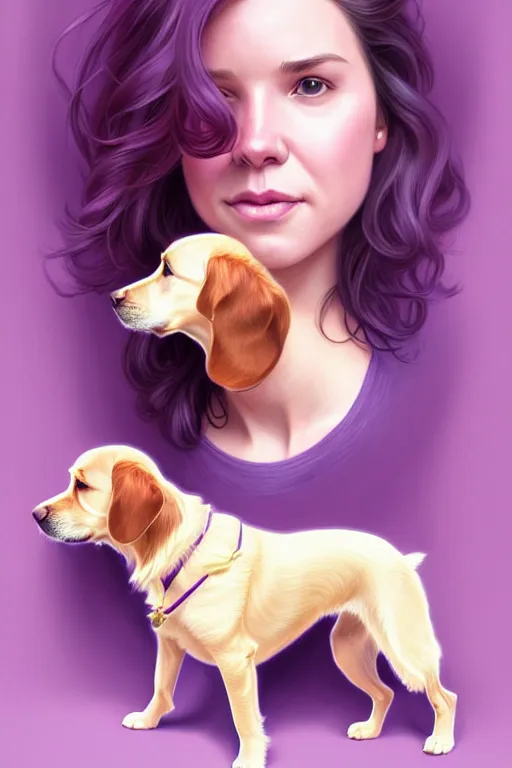 Image similar to Portrait of Kate Bishop and Lucky the Golden Retriever Dog, Marvel, Hawkeye, fantasy, symmetrical face, blush, intricate, cute, elegant, light purple mist, highly detailed, digital painting, artstation, concept art, matte, sharp focus, illustration, art by Artgerm and Greg Rutkowski and Alphonse Mucha