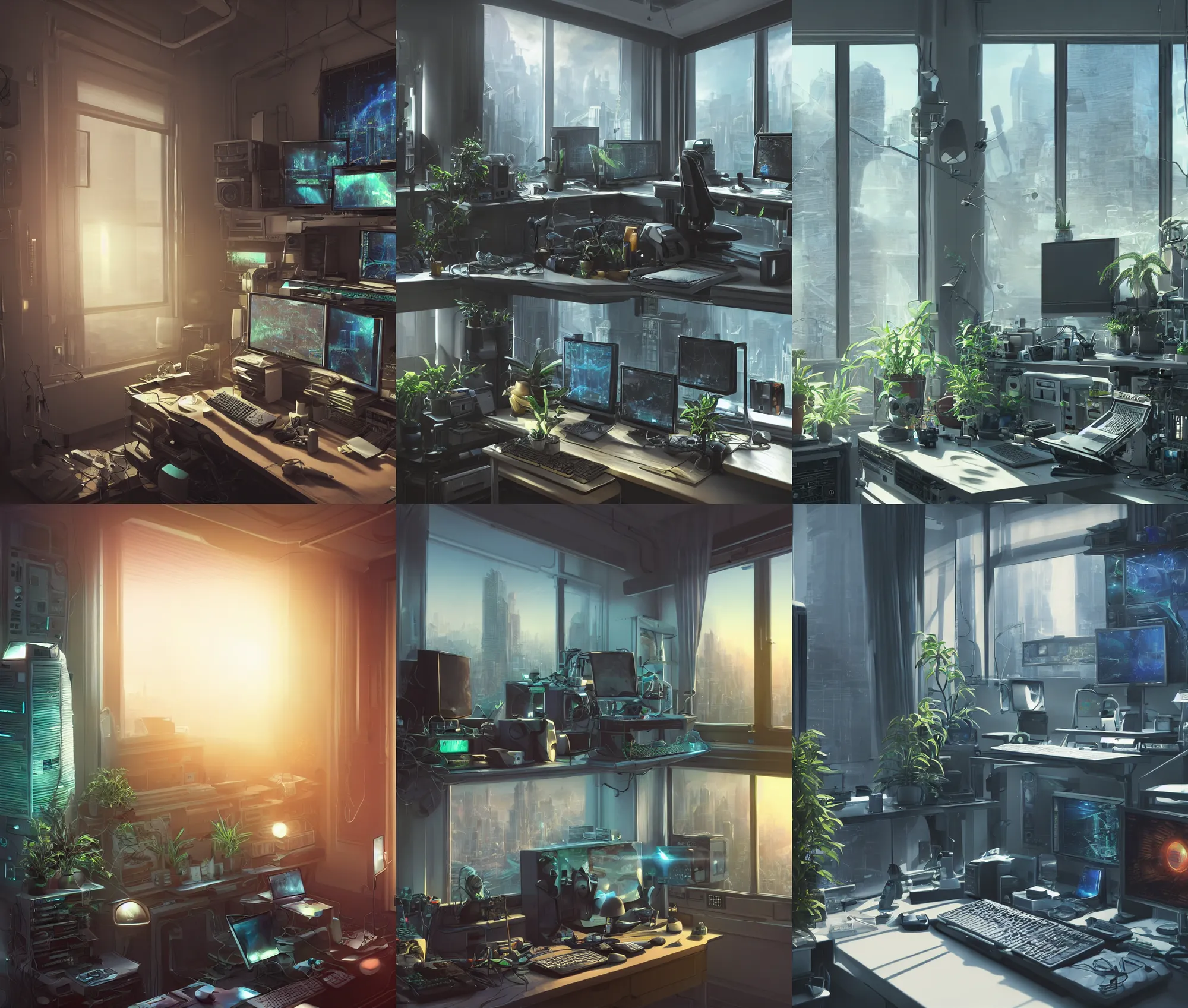 Prompt: detailed scifi artstation scene of a complex computer workstation in a small studio apartment room, single potted plant, many monitors, many electronics, a window view of the city, maximalism, volumetric light, sunny amber morning light, sun beam, atmospheric haze, unreal engine, hyperrealism, realistic shading, blender render, photorealistic, wide shot