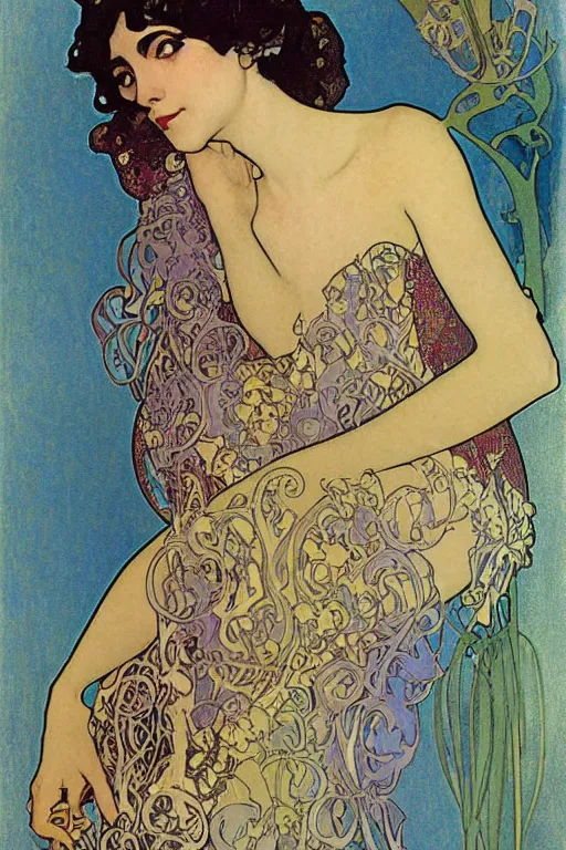 Prompt: art nouveau portrait en buste of flapper girl annasophia robb by Alphonse Mucha, by Aubrey Beardsley, by Gustav Klimt, by Maxfield Parrish, by Gerda Wegener, by Henri de Toulouse-Lautrec, bold moody colors, flamboyant clothes, bright gothic, roaring twenties