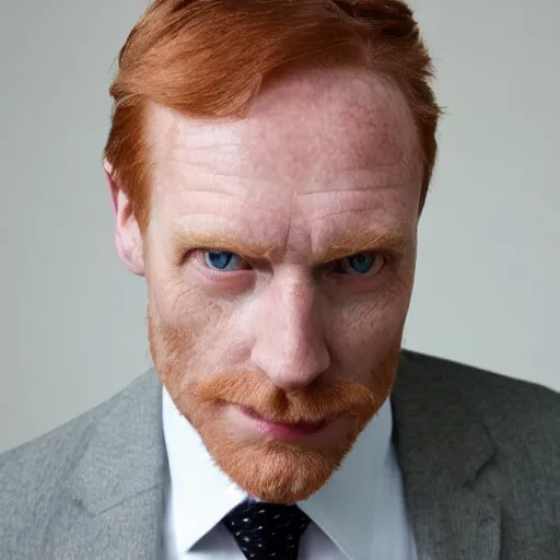 Image similar to photograph of a ginger man in his 40s, greenish blue eyes, small nose, clean shaven, no wrinkles, tall, wearing a white shirt and elegant gray dress jacket, looking into the distance