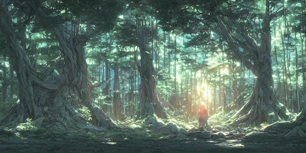 Prompt: ancient forest, art by makoto shinkai and alan bean, yukito kishiro