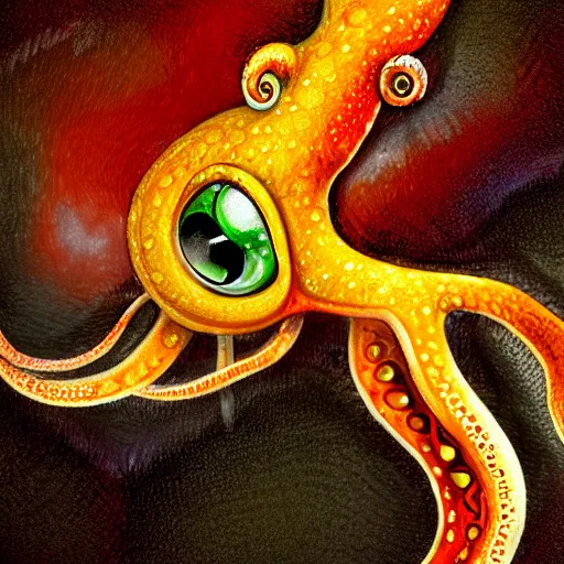 Image similar to fiery whimsical emotional eyes cephalopod, in a photorealistic macro photograph with shallow dof, in the style of a medieval bestiary
