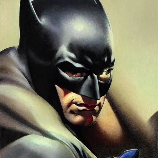 Image similar to an ultra - realistic portrait painting of batman in the style of frank frazetta. 4 k. ultra - realistic. highly detailed. dark fantasy. epic lighting.