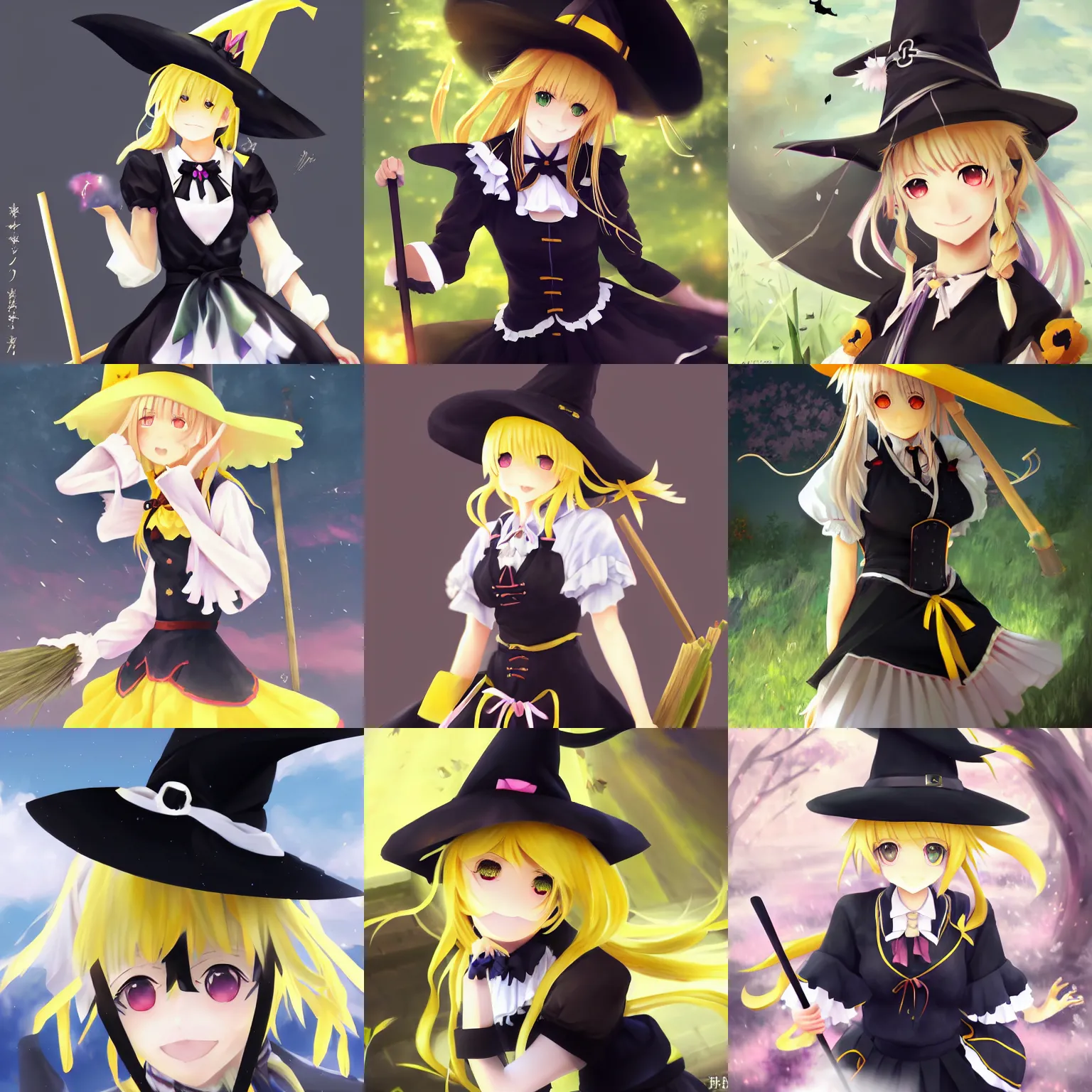 Prompt: pixiv artwork portrait of cute witch marisa kirisame from touhou project, marisa kirisame touhou artwork black black hat hat broom blonde hair finely detailed yellow eyes maid dress white apron by greg rutkowski makoto shinkai sakimichan key art 4 k 8 k ultrahd trending award winning