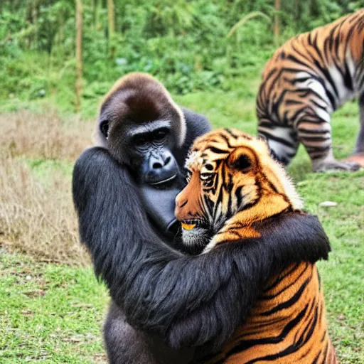 Image similar to a gorilla hugging a tiger,