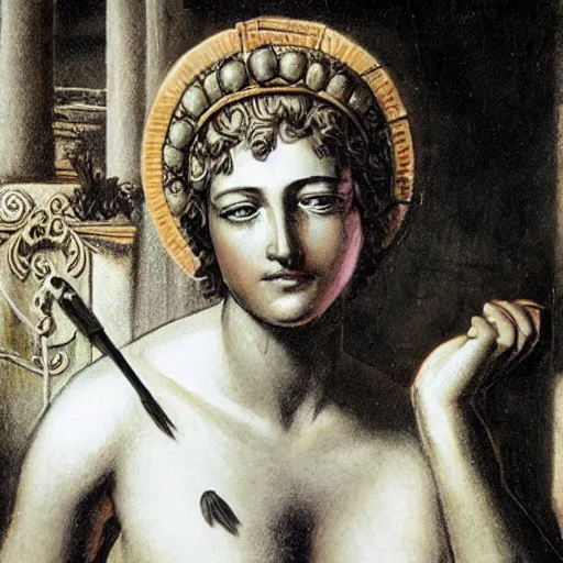 Prompt: Helen of Troy with the text of the Odyssey written on her body