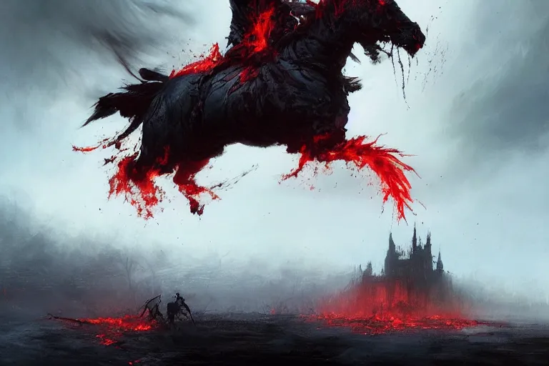 Image similar to a grim reaper, splattered with blood, riding a large black horse, with red glowing eyes, flowing red mane and tail, blackened clouds cover sky, crackling with lightning, a castle in distance burns, concept art by greg rutkowski, craig mullins, todd mcfarlane,