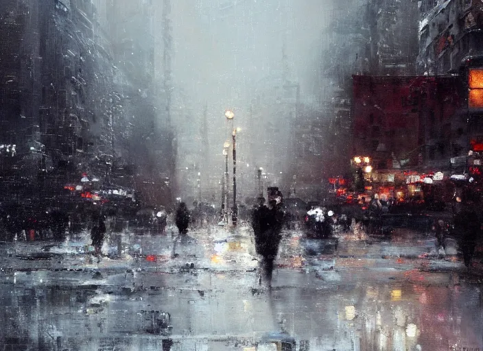 Image similar to a cityscape in winter painting by jeremy mann, street - level, dripping oil paint, thick brushstrokes, high resolution