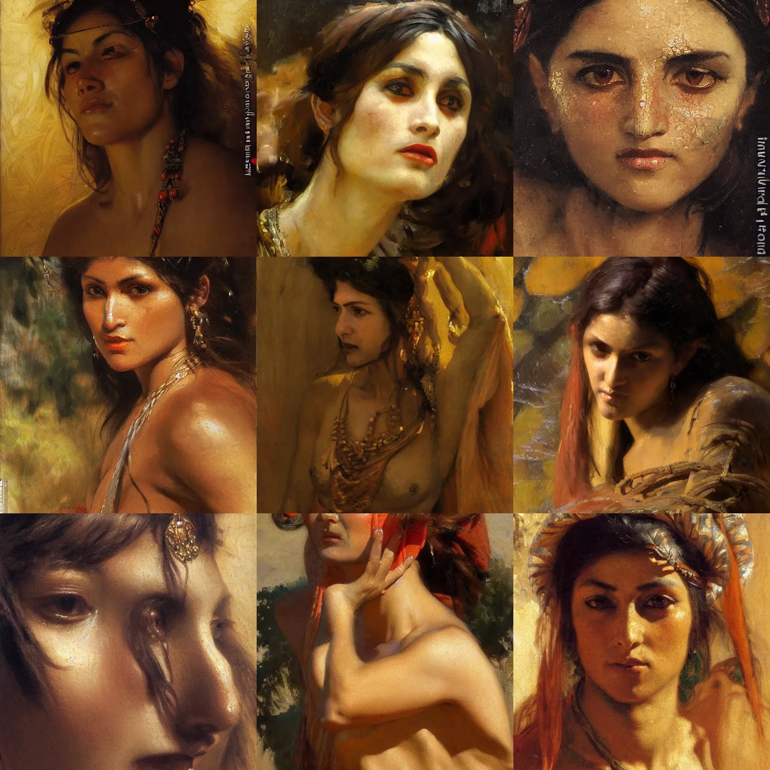 Prompt: orientalism painting of a feral woman face detail by theodore ralli and nasreddine dinet and anders zorn and edwin longsden long, bronze age, sword and sorcery, oil on canvas, masterful intricate artwork, excellent lighting, high detail 8 k