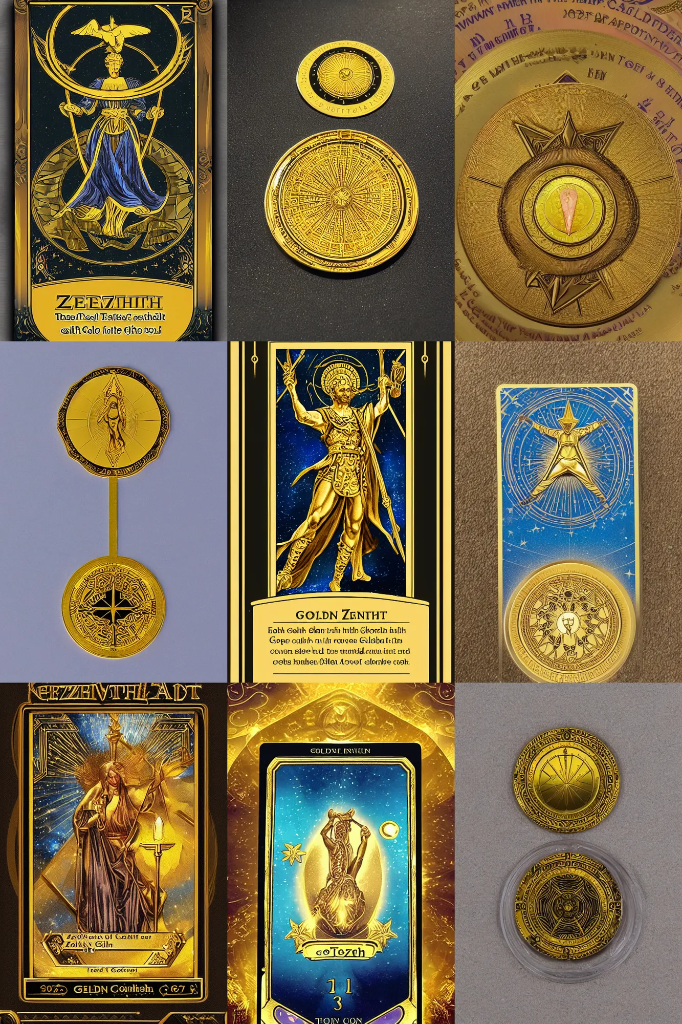Prompt: golden zenith coin with glow tarot card