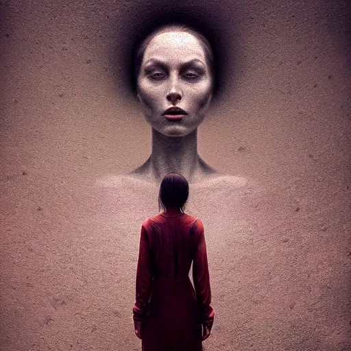 Prompt: dream woman, art, concept art, beksinski, zdzisław, photorealistic, rendered in octane, matte painting, highly detailed, featured on deviantart