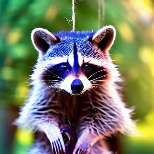 Image similar to a portrait photo of a beautiful racoon wearing a dress, hanging party decorations