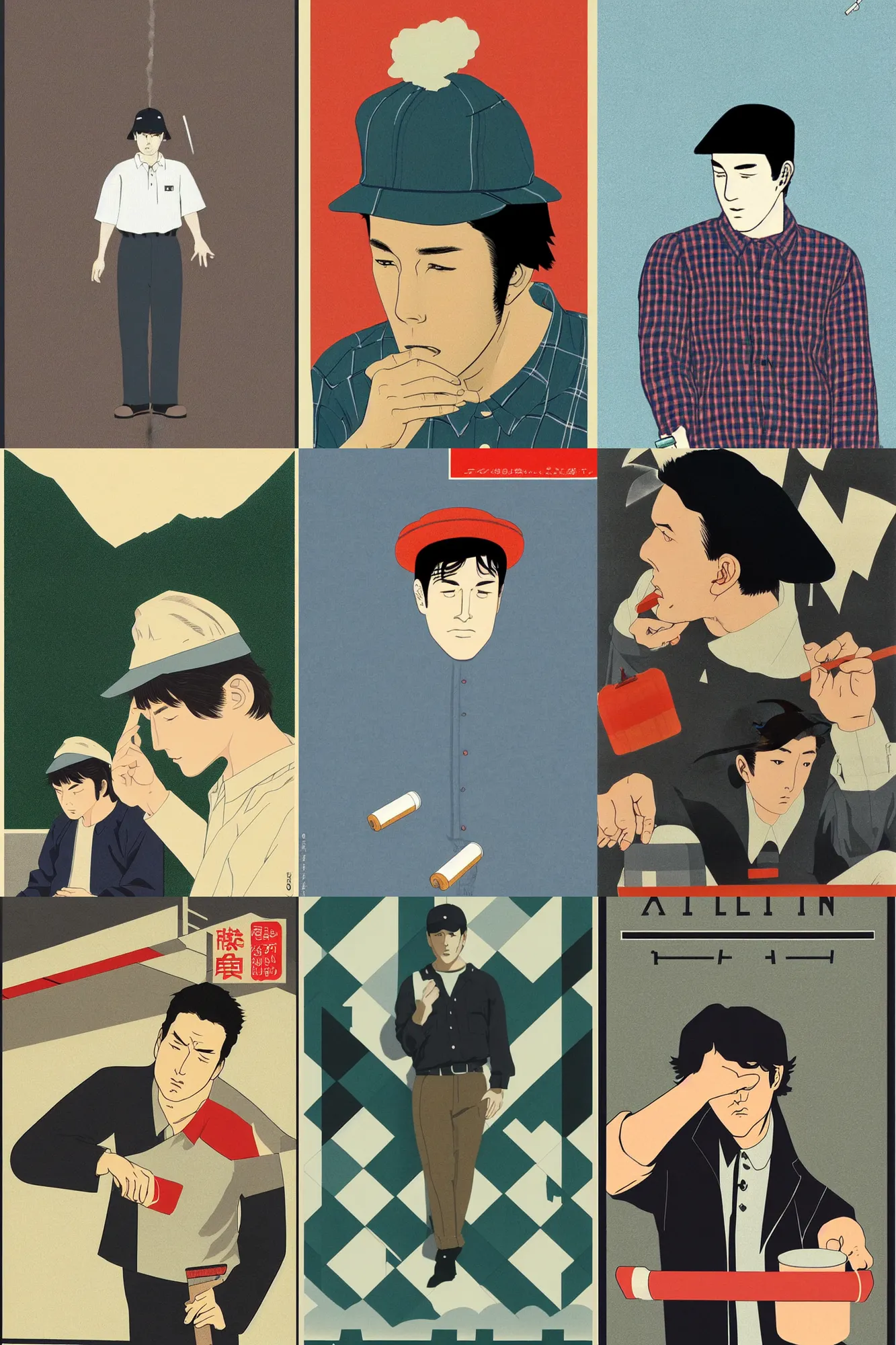 Prompt: fullbody sad ben affleck wearing checkered shirt and white cap with cigarette in mounth, minimalistic 6 0 s retro poster by kawase hasui