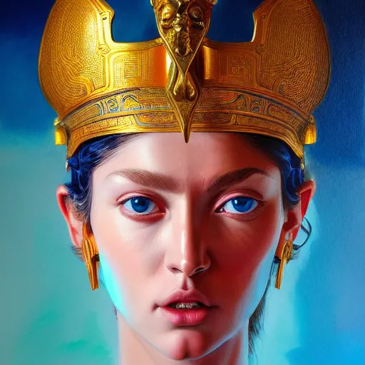 Image similar to hyperrealistic mixed media painting of beautiful goddess Athena, stunning 3d render inspired art by P. Craig Russell and Barry Windsor-Smith, perfect facial symmetry, dim volumetric lighting, 8k octane beautifully detailed render, post-processing, portrait, extremely hyper-detailed, intricate, epic composition, cinematic lighting, masterpiece, trending on artstation, very very detailed, masterpiece, stunning