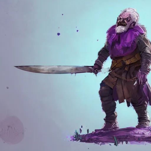 Image similar to male duergar adventurer with purple skin, by Ismail Inceoglu, wearing leather adventuring clothes, shabby, short, bald, wielding knife, happy grin, character portrait closeup, digital art, dungeons and dragon, character