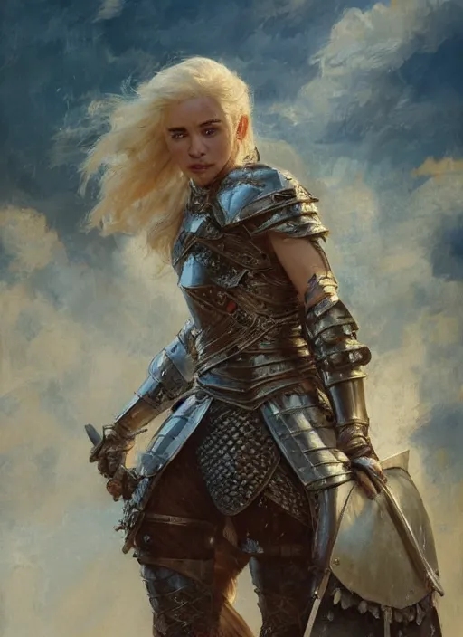 Prompt: short muscular blonde woman wearing realistic medieval armour, emilia clarke, detailed by gaston bussiere, bayard wu, greg rutkowski, maxim verehin, greg rutkowski, masterpiece, sharp focus, cinematic lightning