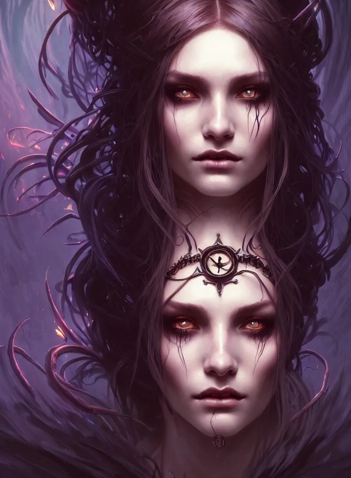 Image similar to Necromancer Sorceress face in center, fantasy magic, undercut hairstyle, dark light night, intricate, elegant, sharp focus, illustration, highly detailed, digital painting, concept art, matte, art by WLOP and Artgerm and Greg Rutkowski and Alphonse Mucha, masterpiece