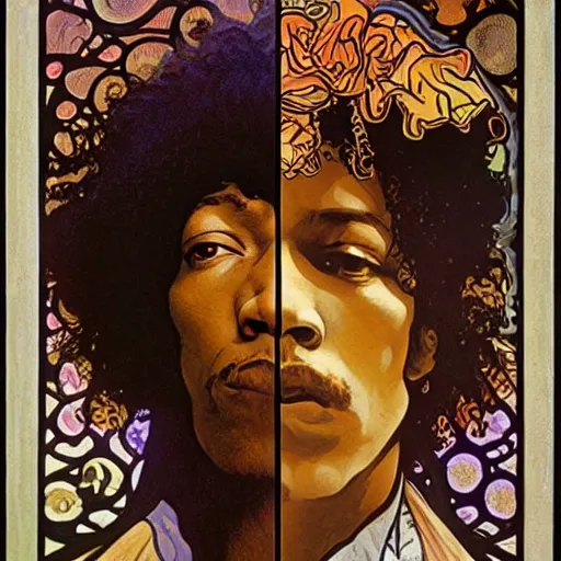 Prompt: artwork by Franklin Booth and Alphonse Mucha showing a portrait of Jimi Hendrix