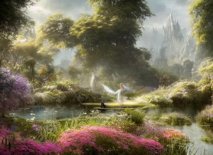 Image similar to beautiful women with wings of lace in a lord of the rings scenery landscape, pond with tall flowers, highly detailed, perfect lighting, perfect composition, 4 k, artgerm, alan lee, derek zabrocki, greg rutkowski, octane remder