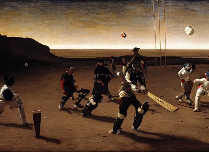 Image similar to a cricket match on the moon by edgar maxence and caravaggio and michael whelan and delacroix style, artistic, intricate painting, cinematic lighting, hyper realistic, extremely detailed, establishing shot, 8 k resolution, dramatic lighting