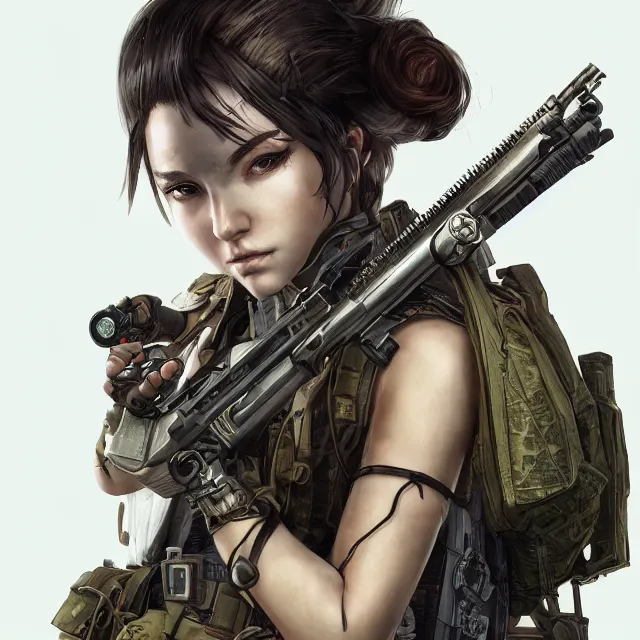 Image similar to the portrait of lawful neutral female cyberpunk marine sniper as absurdly beautiful, gorgeous, elegant, young gravure idol, an ultrafine hyperdetailed illustration by kim jung gi, irakli nadar, intricate linework, bright colors, octopath traveler, final fantasy, unreal engine 5 highly rendered, global illumination, radiant light, detailed and intricate environment