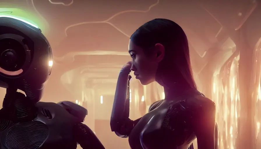 Image similar to intimacy, altered carbon, highly detailed surreal vfx portrait of a robot android, ana de armas, madison beer, stephen bliss, unreal engine, greg rutkowski, loish, rhads, beeple, makoto shinkai and lois van baarle, ilya kuvshinov, rossdraws, tom bagshaw, global illumination, detailed and intricate environment