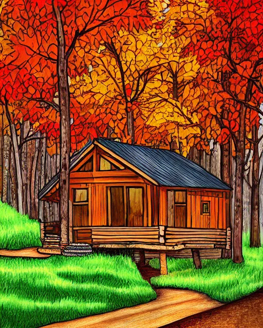 Prompt: autumn hill cabin man illustration by arti chauhan