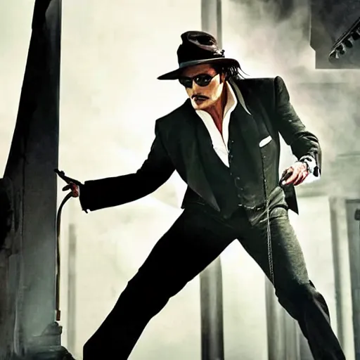 Image similar to johnny depp as James Bond, action scene, cinematic