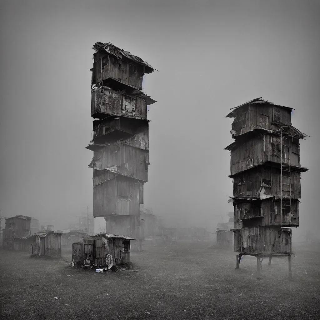 Image similar to two towers, made up of makeshift squatter shacks with faded colours, misty, moody sky at the back, dystopia, mamiya, f 1 1, fully frontal view, photographed by trent parke