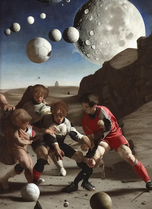 Image similar to a soccer match on the moon by edgar maxence and caravaggio and michael whelan and delacroix style, artistic, intricate painting, cinematic lighting, hyper realistic, extremely detailed, establishing shot, 8 k resolution, dramatic lighting