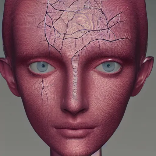 Image similar to complex 3d render ultra detailed of a beautiful porcelain profile woman face, red hazel eyes, vegetal dragon cyborg, 150 mm, beautiful natural soft light, rim light, golden niobium details, pione big leaves and stems, roots, fine lace, maze like, mandelbot fractal, anatomical, facial muscles, cable wires on body, microchip, elegant, white metallic armor, octane render, black and white, H.R. Giger style