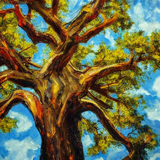 Image similar to oil paint impasto reliefs of looking up at a large sunny oak tree, through to stormy clouds, thick heavy painterly splatter, photographic quality, realistic style - i