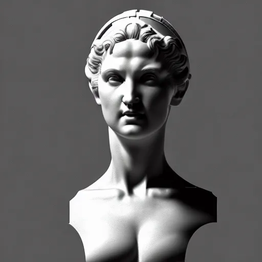 Image similar to sci - fi cgartist wide shot anaglyph ambient occlusion rendering of a hyper realistic marble greek statuary beautiful goddess head product photo bright white backdrop high key colored lighting, trending on artstation