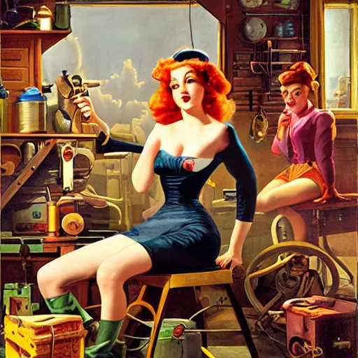 Image similar to gadget hackwrench in her workshop by gil elvgren