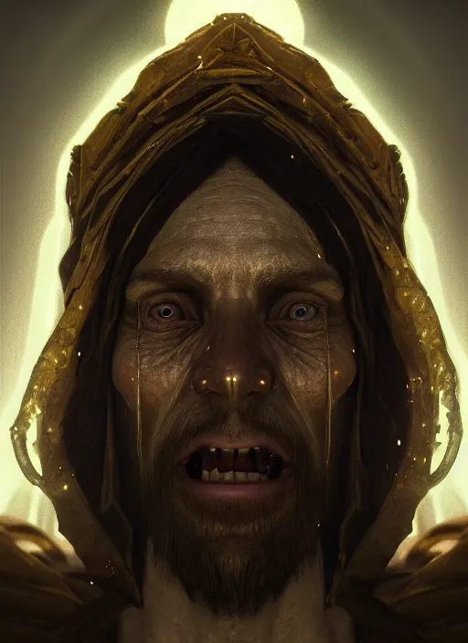 Image similar to portrait of goblin Jesus Christ, perfect facial symmetry + dim volumetric lighting, 8k octane beautifully detailed render, post-processing, extremely hyperdetailed, intricate, epic composition, grim yet sparkling atmosphere, cinematic lighting + masterpiece, trending on artstation