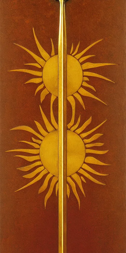 Image similar to a sword in the style of zdzisław beksinski, elegant, gold and oak inlay, sun motif, holy