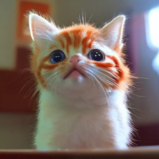 Image similar to orange kitten big eyes a lot of fur cute highly detailed high - quality photo realistic 8 k