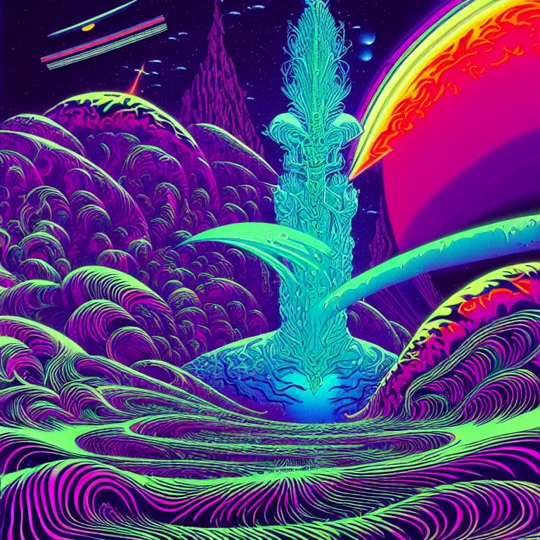 Prompt: mysterious edge of interstellar space, psychedelic waves, synthwave, bright neon colors, highly detailed, cinematic, eyvind earle, tim white, philippe druillet, roger dean, ernst haeckel, lisa frank, aubrey beardsley