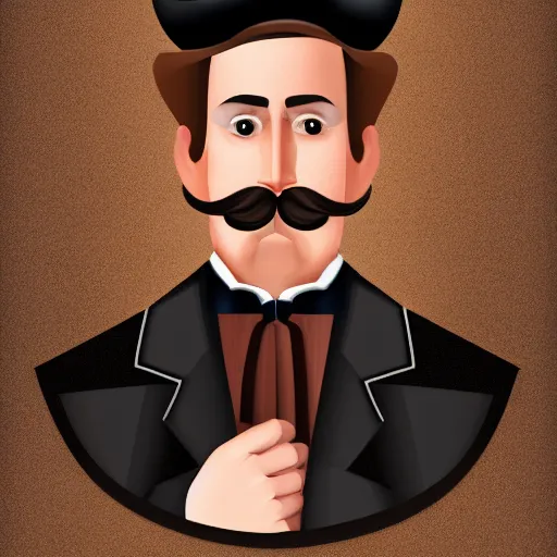 Image similar to Portrait of a man with brown hair and a brown mustache in black suit and black top hat, studio lighting, Sigma 85 mm f/1.4., digital painting, vector art, trending on artstation, sharp shadows