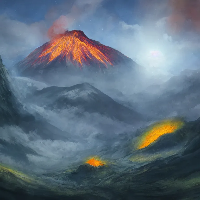 Image similar to a painting of a volcano from which come out flowers and stars exotic plants, all this happens in some kind of fantasy world, almost like in the sky or all in the amazing outdoors view, long exposure, 8 k resolution, trending on artstation