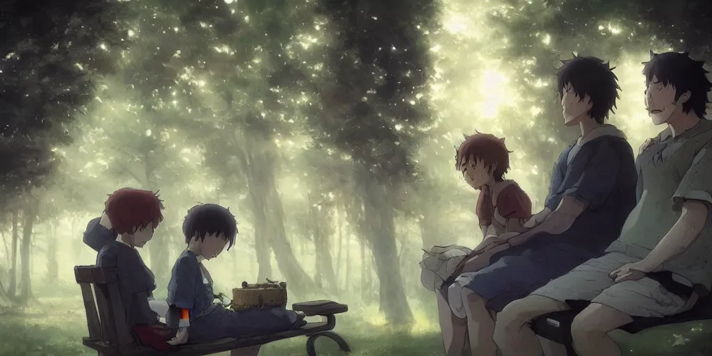 Image similar to a family with sorrow faces sitting on a bench, close up shot, anime art, Greg Rutkowski, studio ghibli, dramatic lighting