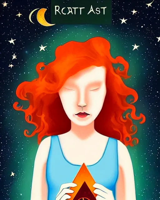 Image similar to tarot card of space astral girl, red hair, ginger hair, fantasy, glowing skin, smooth face, perfect eyes