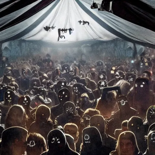 Image similar to Jaws dropped. Heads turned. Eyes widened in surprise as shady eight-eyed men squelched through the crowd and disappeared up into the sky, their faces hidden by masks. The tent is full of people, all staring at the sky above them and waiting for more to come flying out.