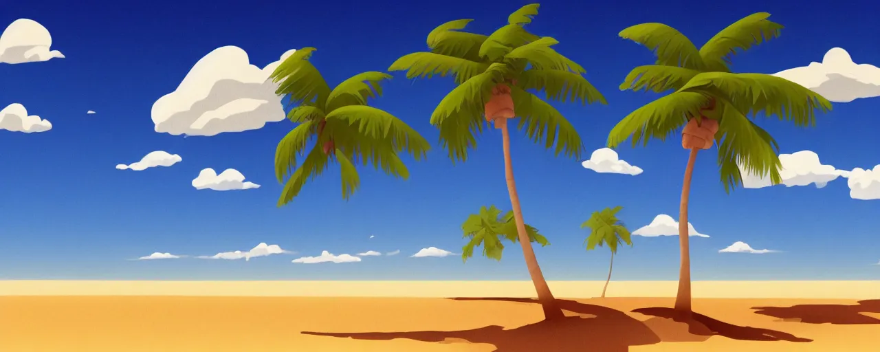 Prompt: illustration of a beach horizon with clouds and one palm tree in the style of goro fujita