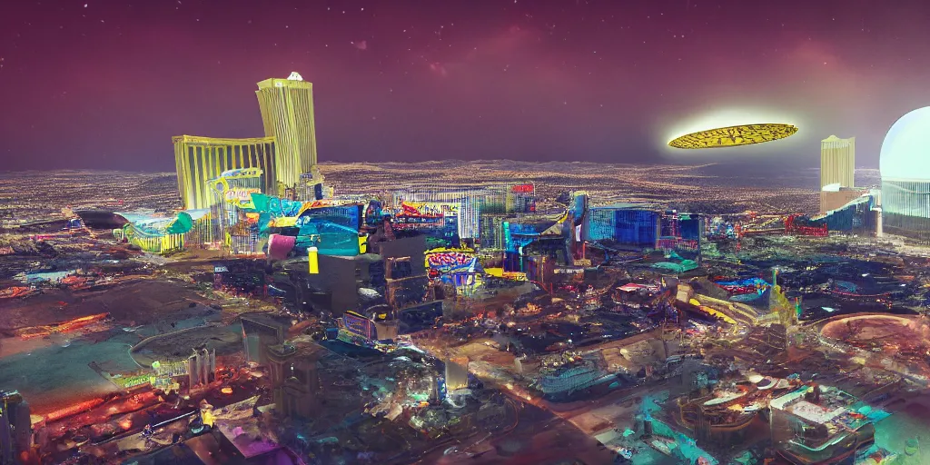 Image similar to a pfotograph of an giantic ufo over las vegas, movie poster, rule of threes, film photography, 3 d render, trending on artstation, 3 d society, neon ligths, futurism