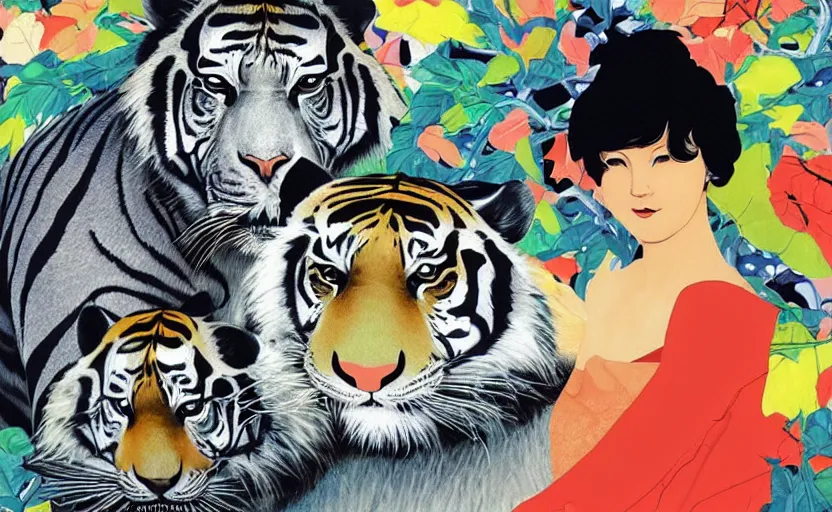 Image similar to a delorean and a tiger, colourful magazine collage, art by hsiao - ron cheng and utagawa kunisada, # e 5 3 7 1 b, # e 4 e 6 2 0, # de 9 5 f 0