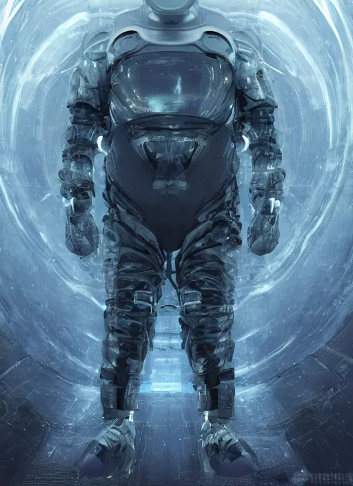 Image similar to symmetry concept art by craig mullins astronauts swim in futuristic dark and empty spaceship underwater. infrared glowing lights. complex and hyperdetailed technical suit. reflection and dispersion materials. rays and dispersion of light. volumetric light. 5 0 mm, f / 3 2. noise film photo. flash photography. unreal engine 4, octane render. interstellar movie art